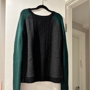 Theory Black and Dark Green Cable Knit Crewneck Sweater